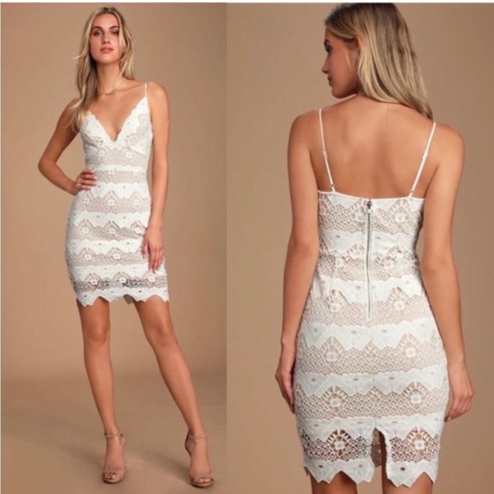 Lulu's White Lace Spaghetti Strap Bodycon Dress